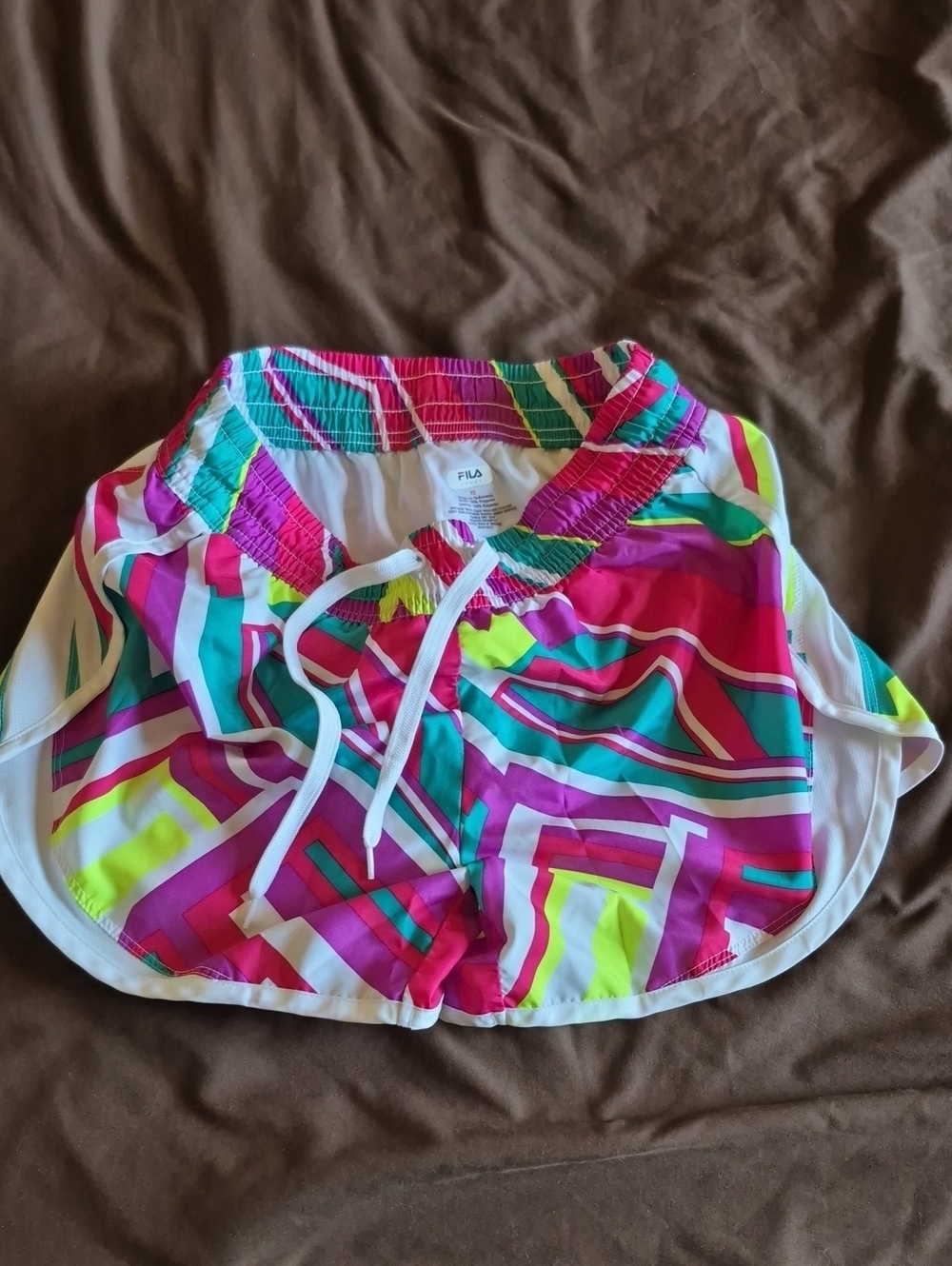 Fila Women's Bright Geo-Print Athletic Shorts in Pink, Teal & Neon Yellow